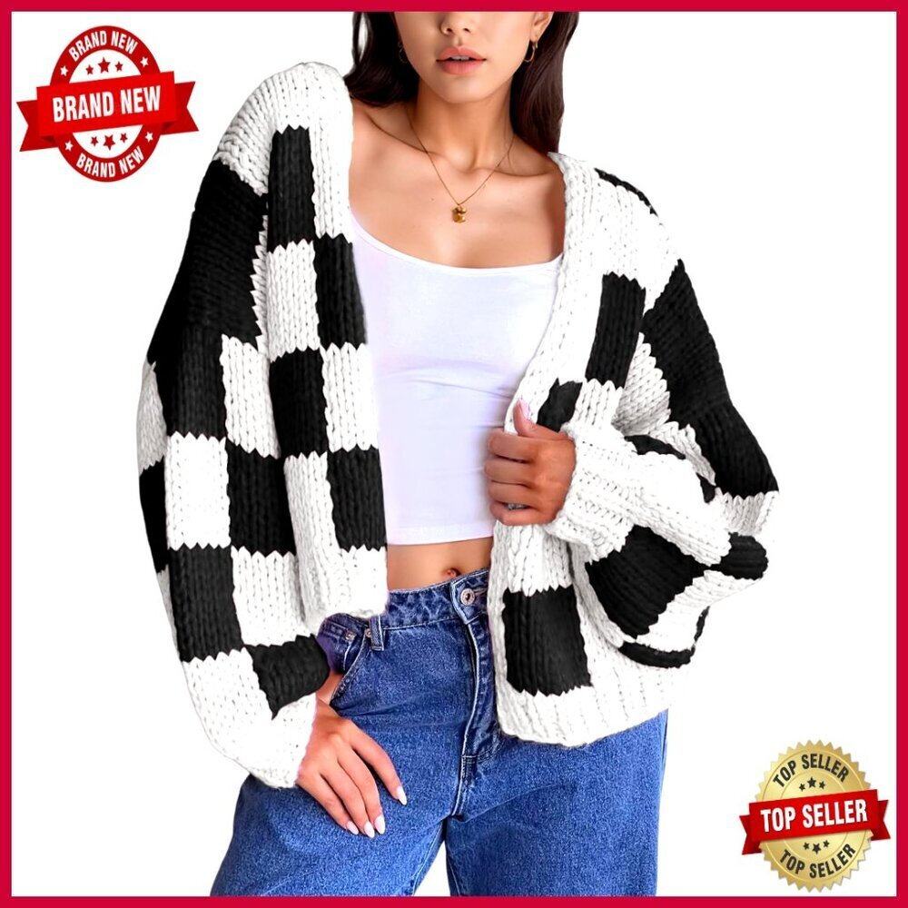 Cropped Chunky Knit Cardigan, Checkered Pattern, Open Front, Long Sleeve